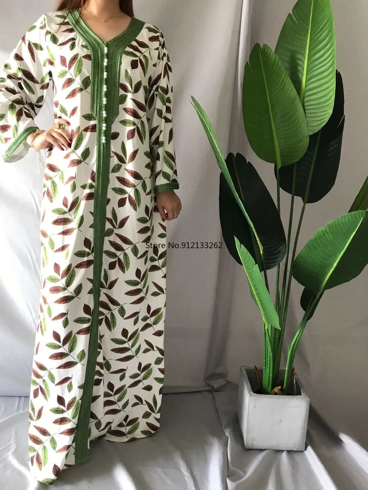 Muslim Fashion Abaya Summer Elegant Muslim Women Long Sleeve V-neck Polyester Printing Long Abaya Summer Dress African Dress