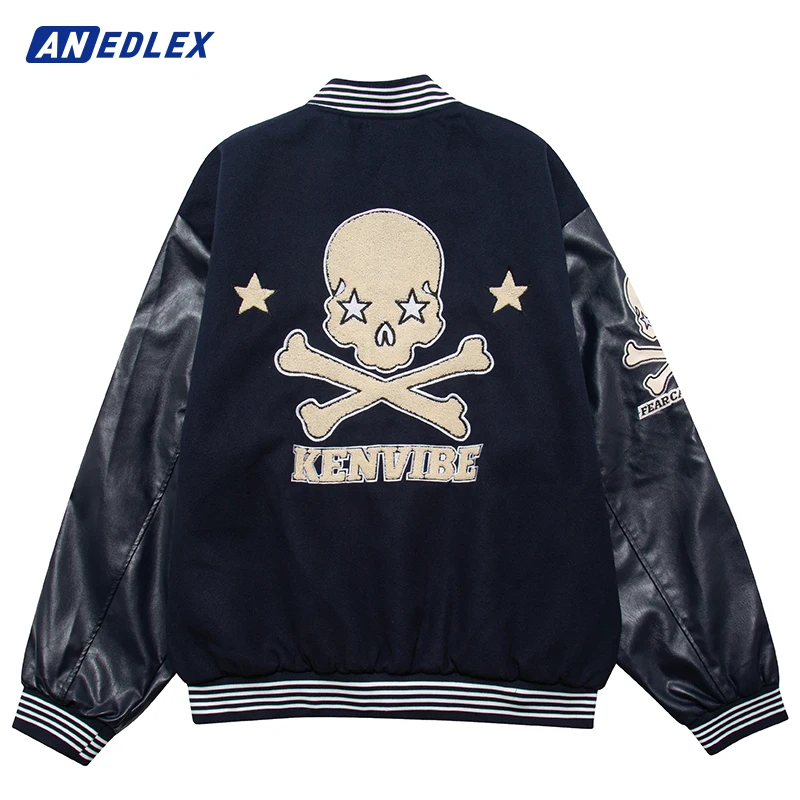 Men Hip Hop Streetwear Heart Letter Skull Embroidery Baseball Jacket Vintage PU Jacket Coat Winter Harajuku Loose Bomber Jacket