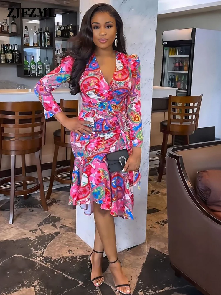 

Early Autumn Women's Paisley Bandanna Print Smocked Dresses Vintage Plunge V Neck Full Sleeve Ruched Flowy Asymmetrical Robe