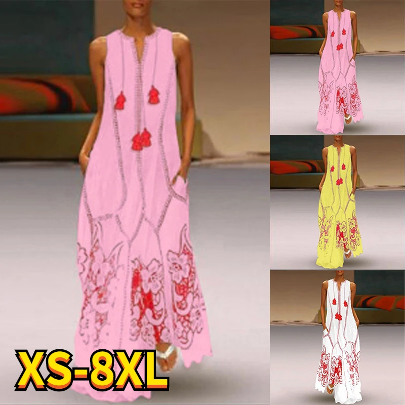 

2021 New Fashion Summer Christmas Women V-neck Sleeveless Pocket Long Dress Santa Xmas Deer Skater Print Party Dresses Plus Size