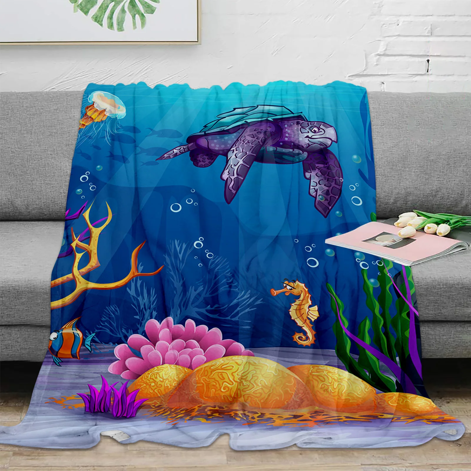 

Одеяло мягкое плюшевое, мультяшное покрывало с рисунком морской черепахи, морской лошади, кораллов, теплые простыни для дивана и кровати