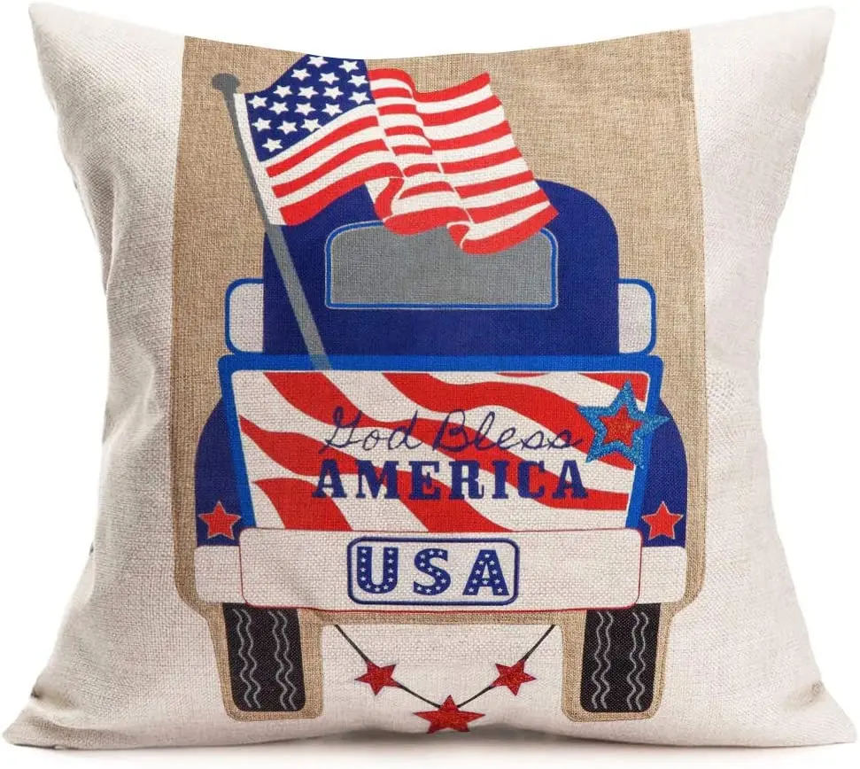 

American Flag Pillow Covers Blue Truck with God Bless Words Independence Day Decorative Pillow Cover Cushion Case 18x18 Inches
