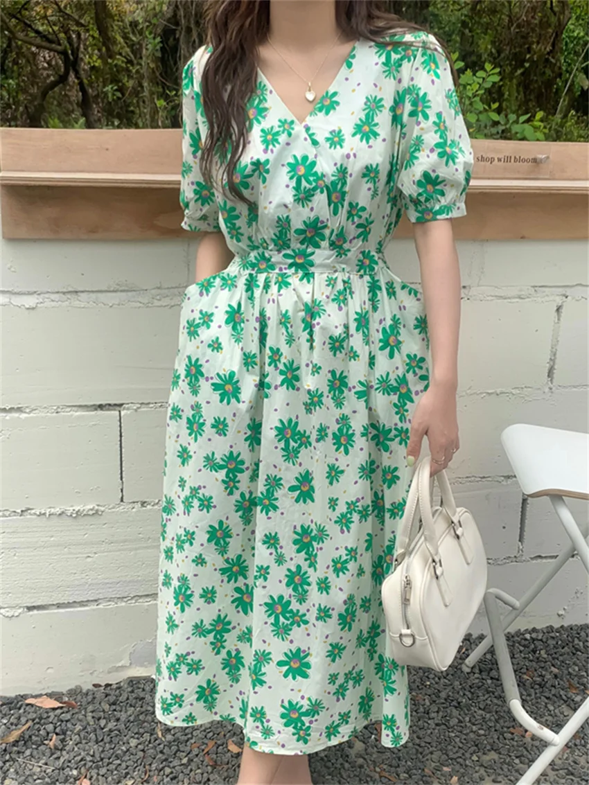 

Vintage Pockets New Women V-Neck Long Dress Slim Sexy Elegant Holiday Florals Chic Hot Summer Short Sleeve Printed