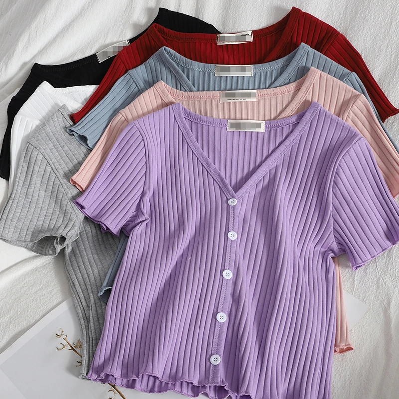 

Itoolin Women V-Neck Knit Tees Ruffled Solid Short Sleeve Tee Cottons T-Shirts Stripes Knitted Crop Tees For Women 2022 Summer