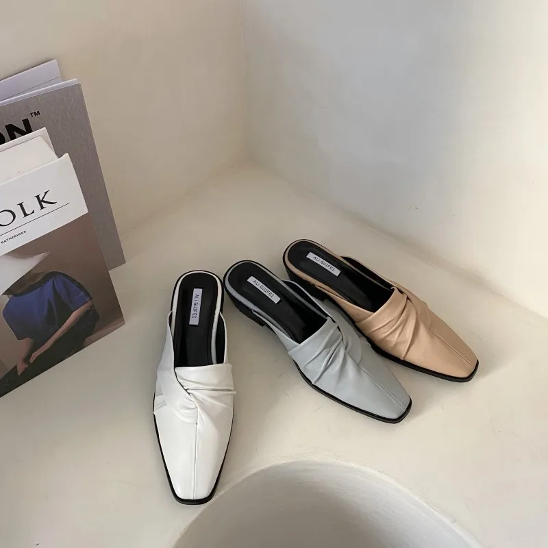 

Shoes Woman 2022 Slippers Casual Square heel Pantofle Cover Toe Low Luxury Block New Slides Fabric Fashion Rome Basic Hoof Heels