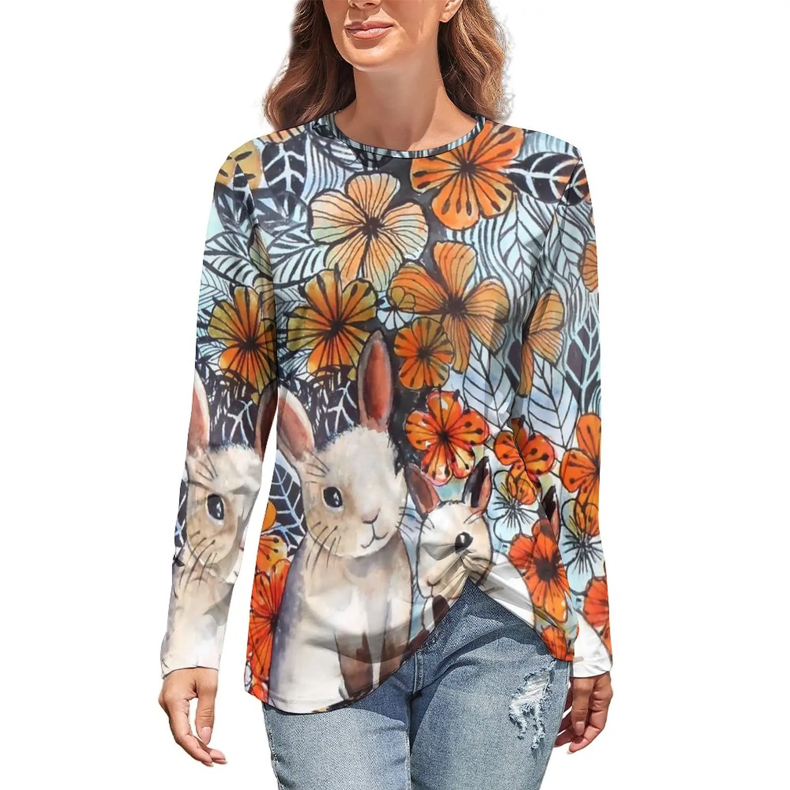 

Easter Bunny T Shirts Flower Power Bunnies Streetwear Long Sleeve T-Shirt Elegant Graphic Tee Shirt Women Tops Big Size 4XL 5XL