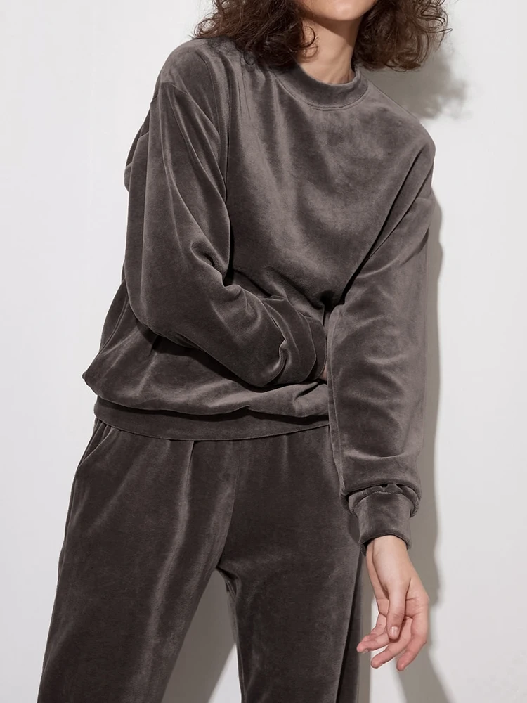 WeiYao 2022 Velvet Pajamas Female Winter Knitting Women's Home Clothes Round Neck Brown Long Sleeve Sleepwear Women Pajama Warm