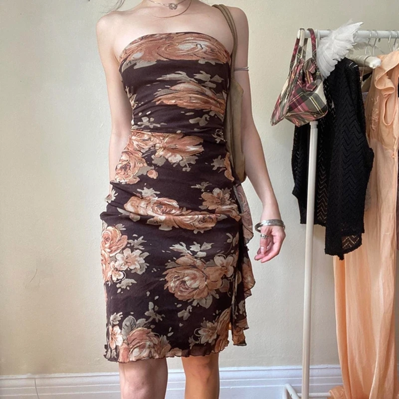 

Sexy Woman Package Hip Skirt Bodycon Skirt Rose Print Strapless Nightclub Dress