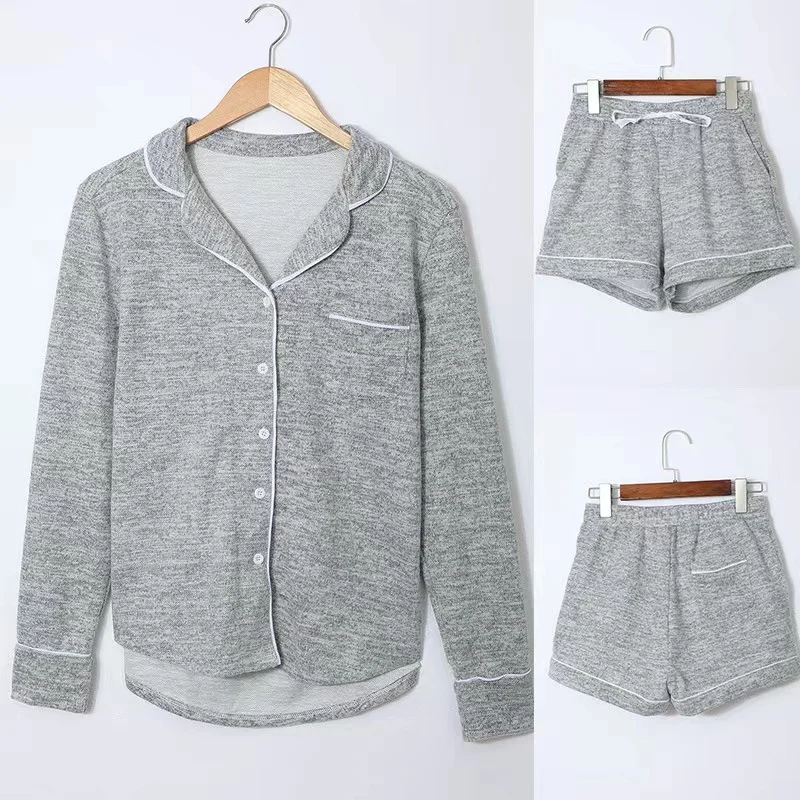 IG Net Red Blogger with The Same Simple Cold Wind Fashion Style Home Wear Suit Long Sleeved Shorts Knitted Pajamas Sets