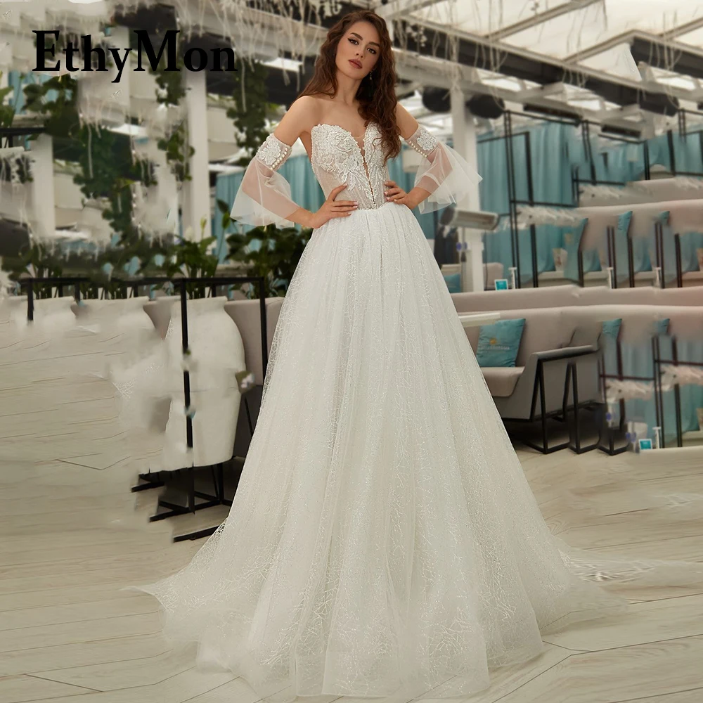 

Ethymon Beadings Sweetheart Sparkly Crystal Wedding Dresses For Mariages Flare Sleeve Custom Made Vestidos De Novia Pleat A-Line