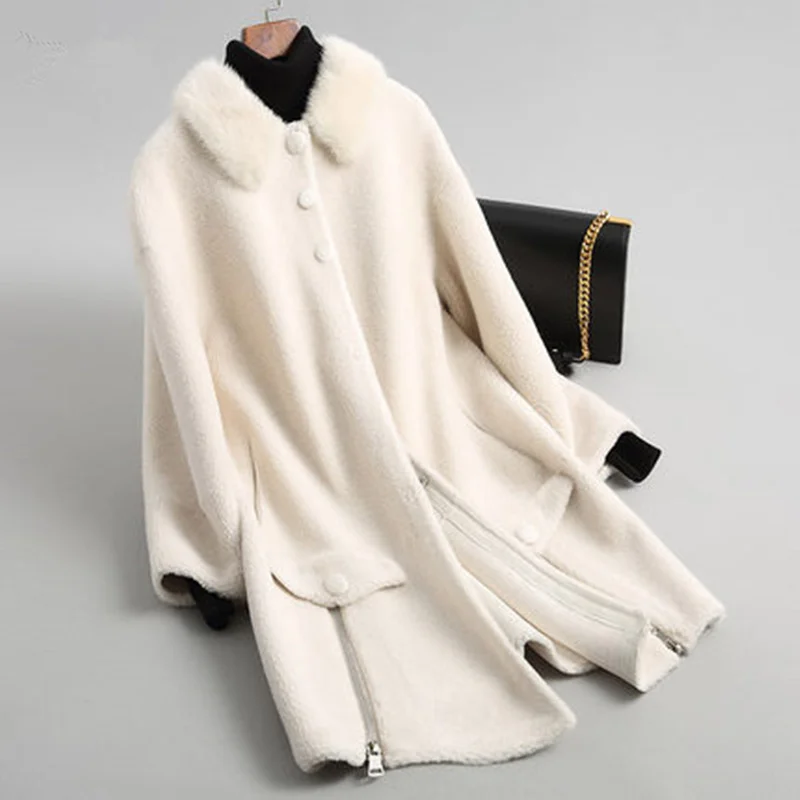 

quality Superior Luxury Lady Real Wool Blend Coat Mink Collar Winter Genuine Women Fur Long Trench Outerwear Coats