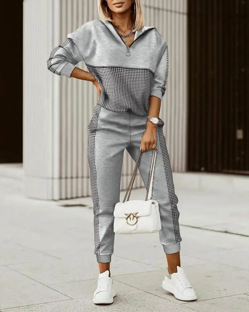

Women 2pcs Clothes Suit Geo Print Zip Front Hoodie Long Sleeve Sweatshirt & Ankle Length Elastic Pants Set