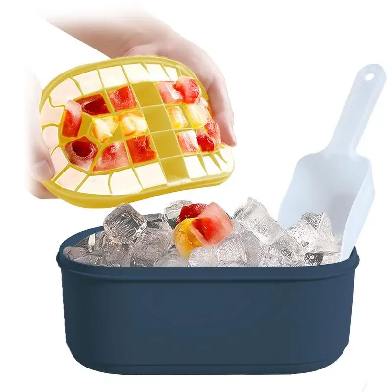

Freezer Ice Bin With Lid Silicone Ice Tray With Storage Bin Stackable Easy Release Double-Layer Ice Cube Molds For Cocktail