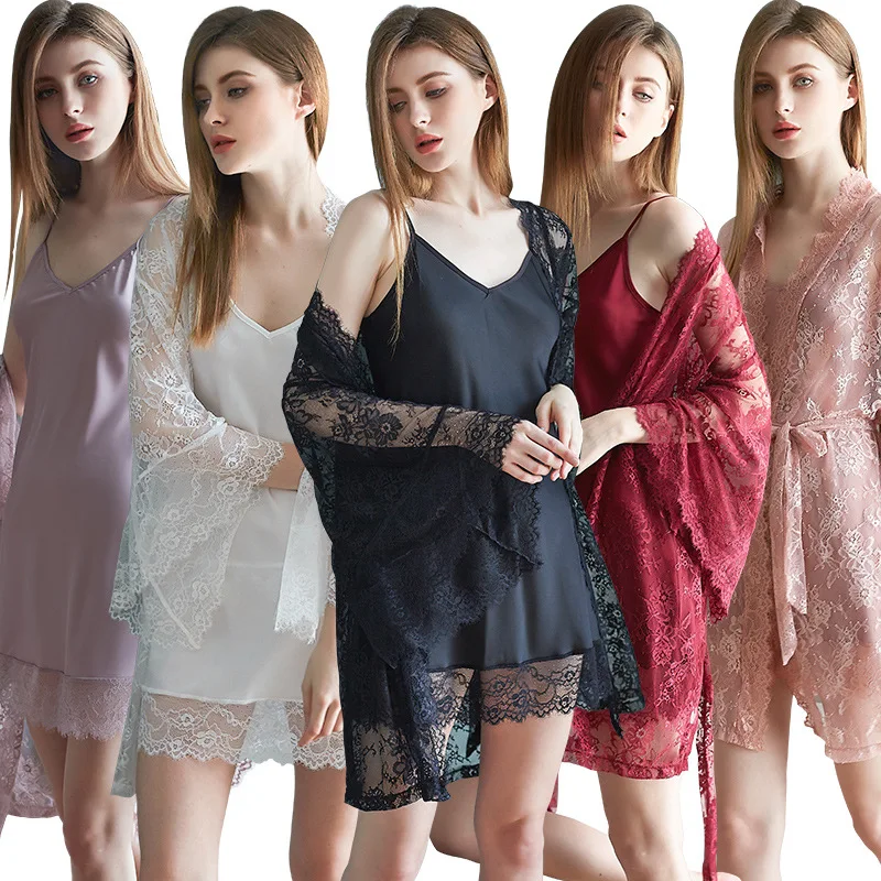 New Ice Silk Sling Nightdress Lace Sexy Nightgown Two-piece Set Silk Pajamas Ladies Sexy Home Clothes