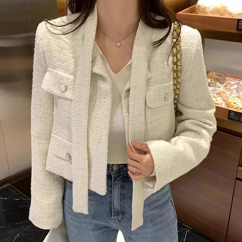 Женская твидовая однобортная куртка с длинным рукавом и лентами