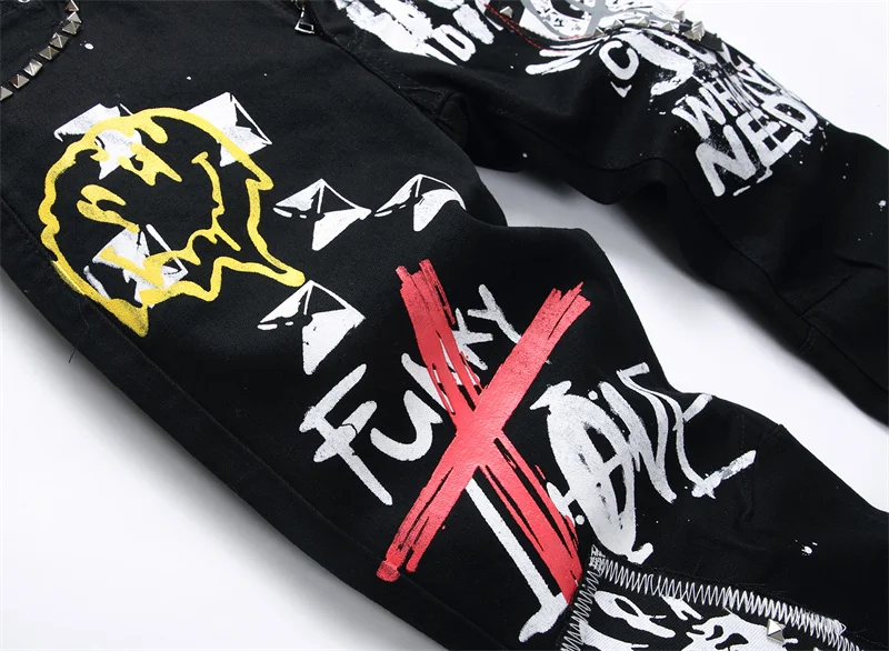 Men's Colorful Graffiti Printed Jeans Y2K Colorful Slim Fit Tapered Elastic Casual Pants Fashion Street Clothing Small Foot Pant