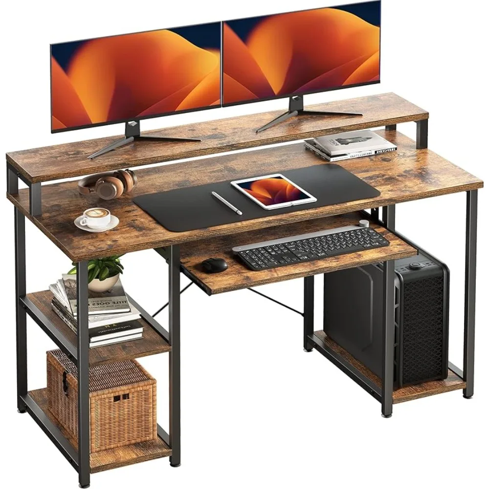 

Компьютерный стол с полками для хранения, 47-дюймовый стол для дома и офиса с подставкой для монитора, письменный стол с подносом для клавиатуры