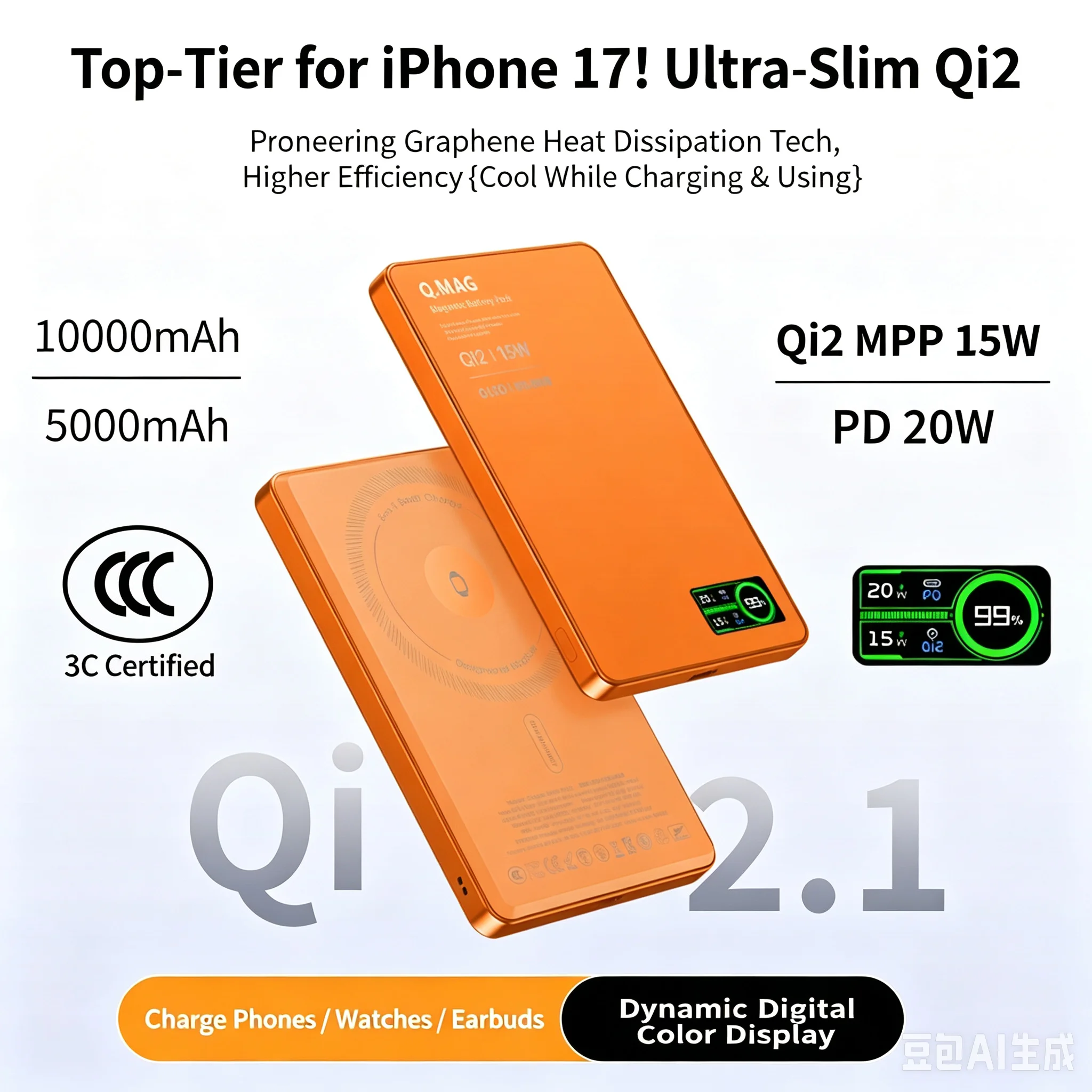 Фото Портативный внешний аккумулятор CCC Slim Original Qi2 Power Bank для быстрой беспроводной зарядки MagSafe для iPhone 17, 16, 15 PRO, iWatch 10 №5