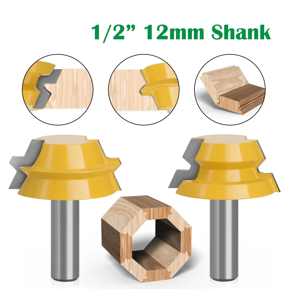 

2pcs 12mm 1/2" Shank Lock Miter Tenon Router Bits 22.5 Degree Glue Joinery Milling Cutter Set Woodworking Cutters