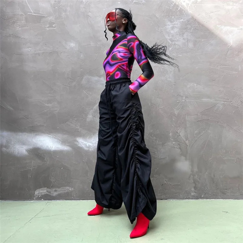 

Hipster Solid Ruched Loose Trousers Women High Waist Elastic Bandage Pockets Wide Leg Pants Female Moto Attirewear Bottoms