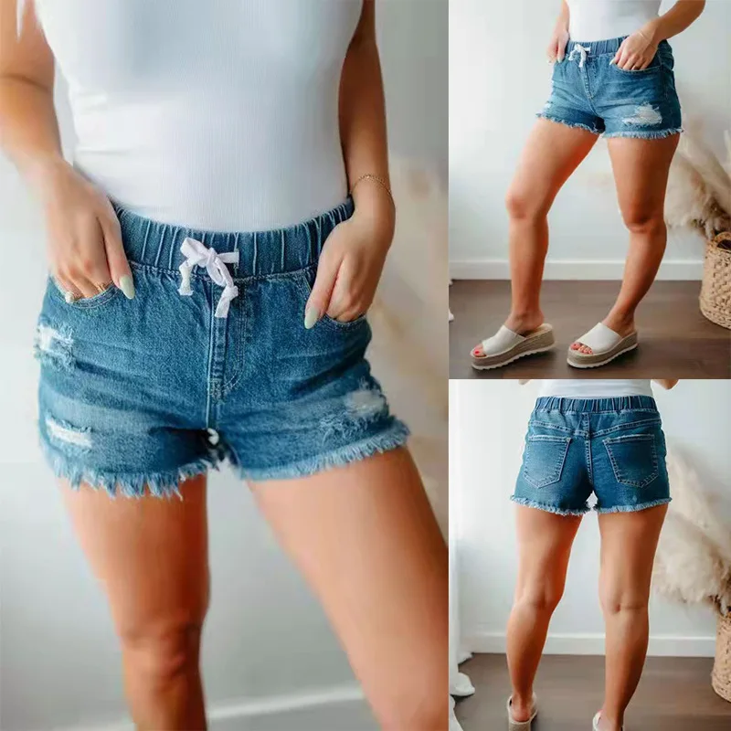 

Women's Washed Denim Shorts, Casual Drawstring Elastic Waist Frayed Hem Loose Short Jeans
