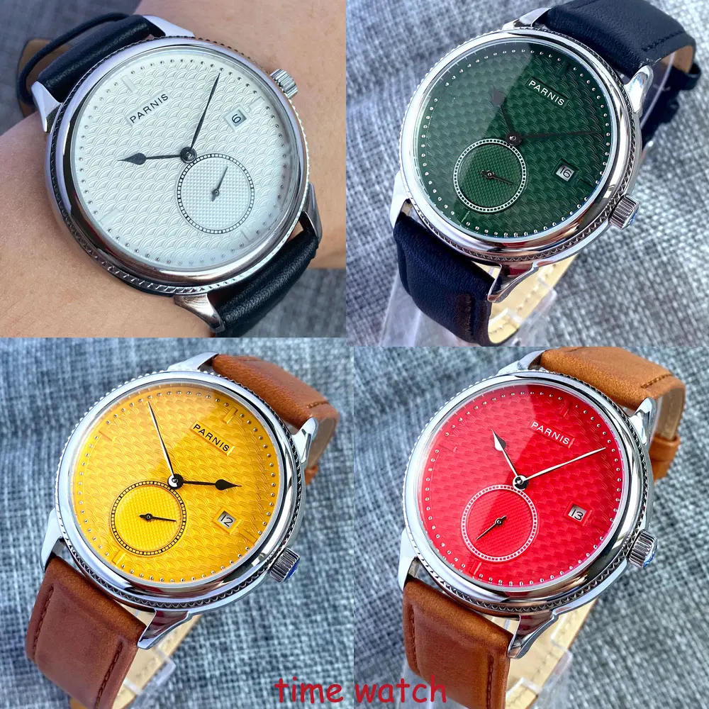 

Parnis Mechanical Automatic Mens Watch ST1731 Date 42mm Small Seconds Leather Strap Red/Yellow/Green/White Dial Polished