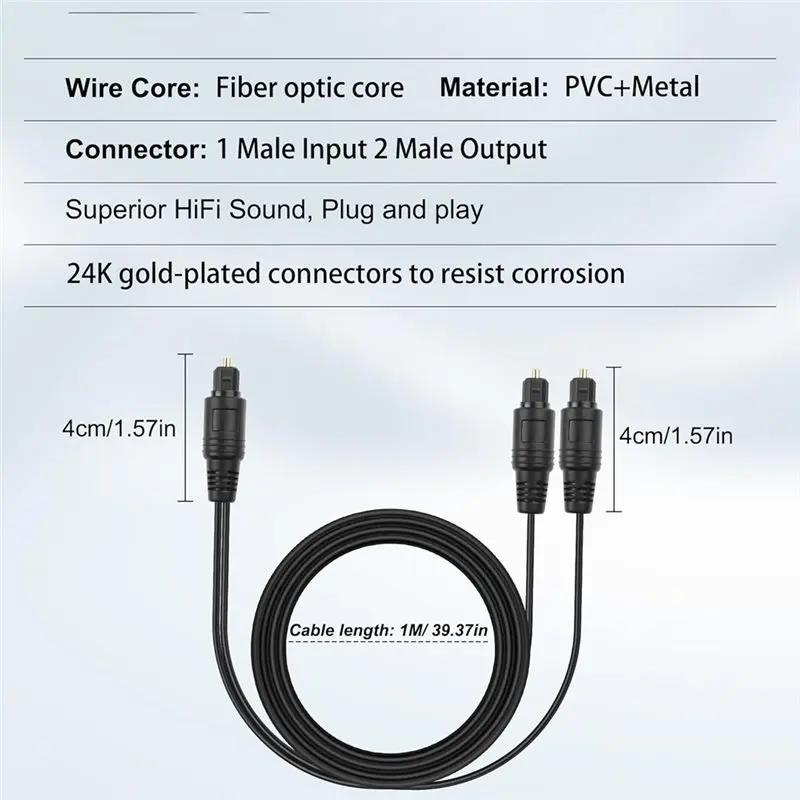 Оптический аудиокабель Happy New- Digital Optical Audio для домашнего кинотеатра, стереосистемы, 1 вход 2 выхода, сплиттер, 1 м, оптоволоконный, 1 штекер Toslink на 2 штекера Toslink (art.: 3920d85424e6d) - 3920d85424e6d