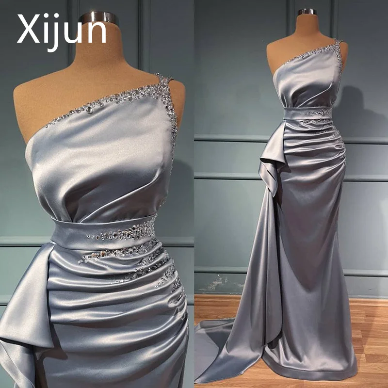 

Xijun Beadings Mermaid Prom Dresses Crystals One Shoulder Pleated Side Split Arabic Women Evening Dresses Robes De Soirée