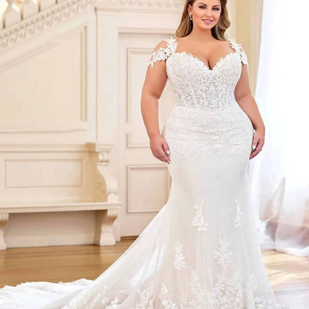 

Luxury Mermaid Plus Size Wedding Dresses 2023 Cap Sleeves Elegant Lace Appliques Church Country Bride Gowns Vestido De Noiva