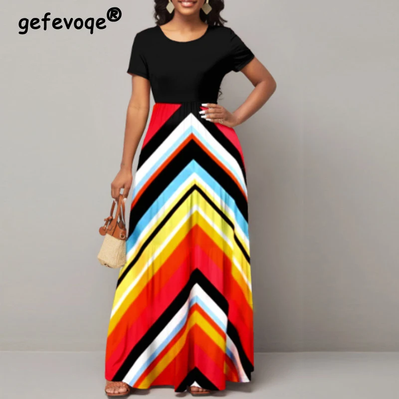 

Summer Fashion Retro Striped Print Patchwork Party Elegant Long Dresses for Women High Waist Short Sleeve Tunic Maxi Dress Robes
