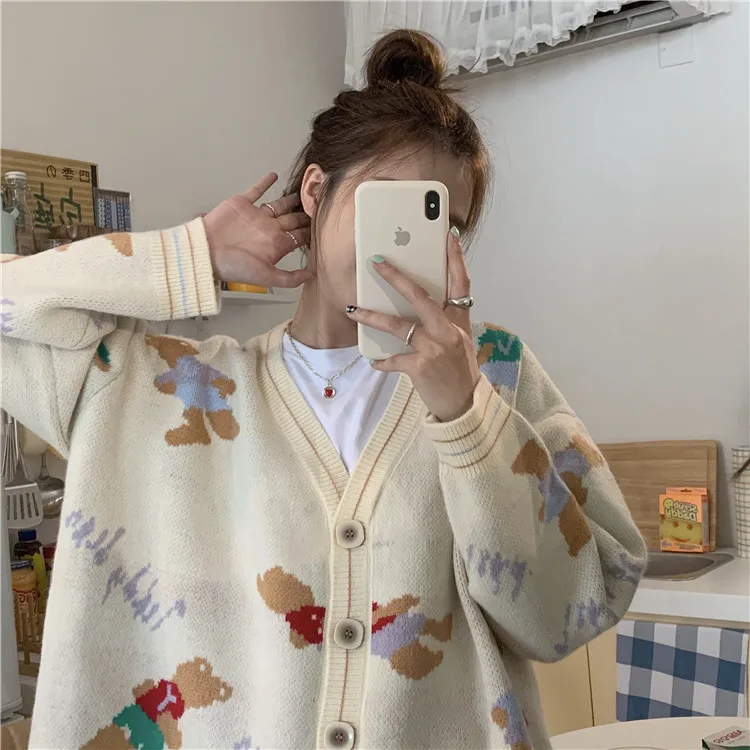2023 Women Cartoon Bear Cardigan Jacquard Sweater Autumn Winter Korean V-Neck Outwear Preppy Female Cardigans Oversized Jumpers