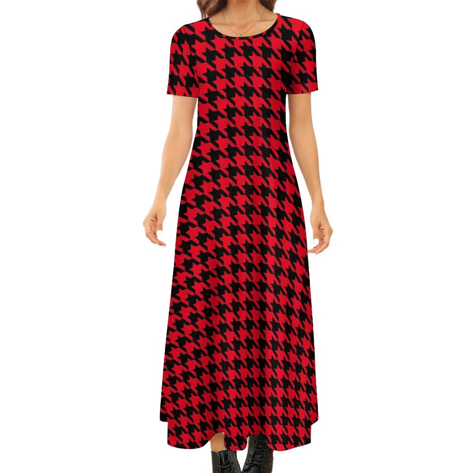

Vintage Houndstooth Dress Black and Red Streetwear Boho Beach Long Dresses Woman Retro Maxi Dress Big Size 6XL 7XL