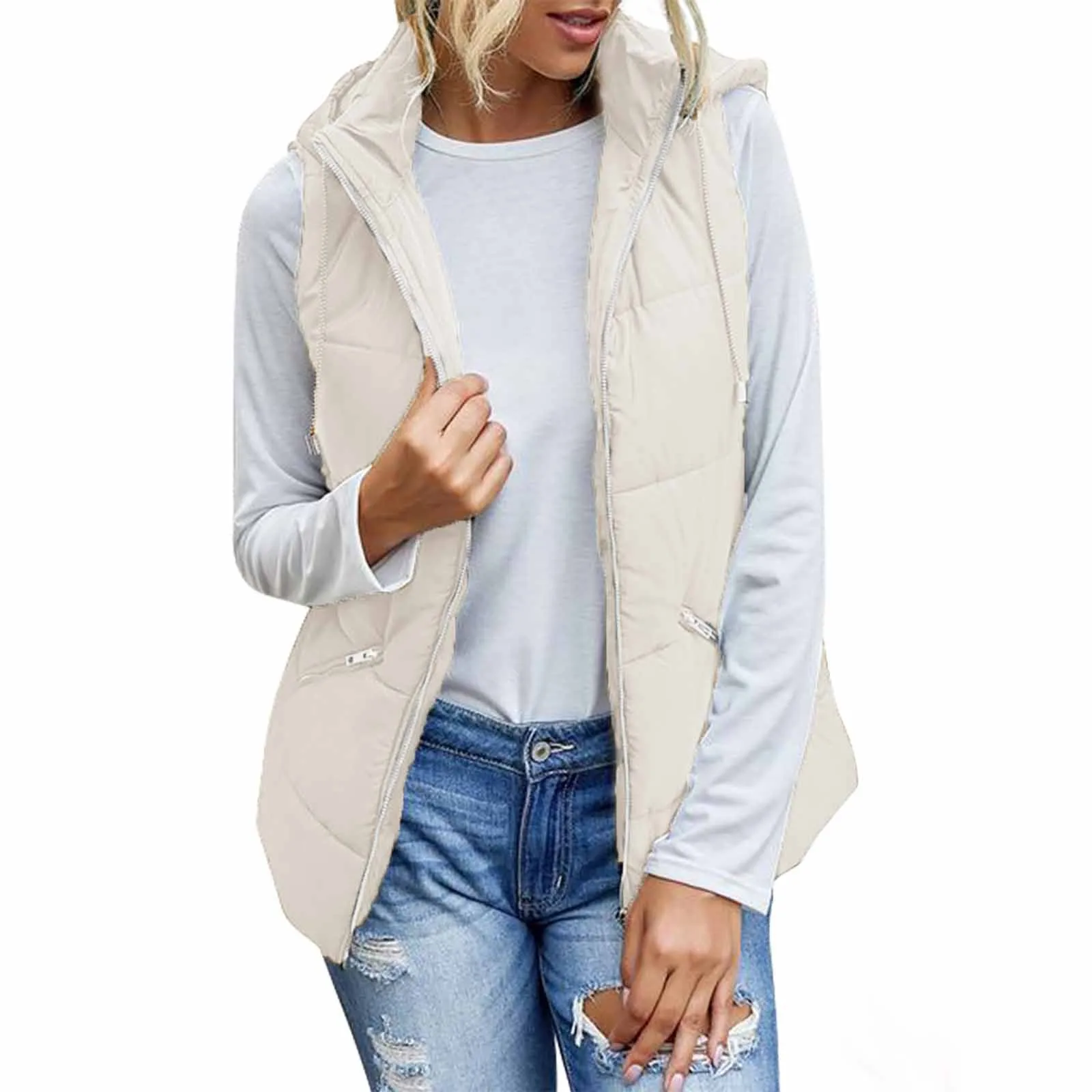 

Ladies Pure Color Hooded Drawstring Zipper Standing Collar Pocket Slim Fit Cotton Padded Vests Relaxed Fit Simplicity Sleeveless
