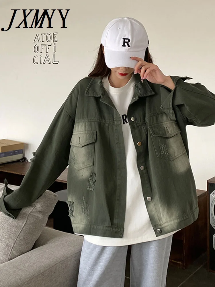 2022 Spring New Fashion Denim Jacket Women's Retro Old Ripped Hole Tie-Dye Loose Casual Long-Sleeved Clothing |
