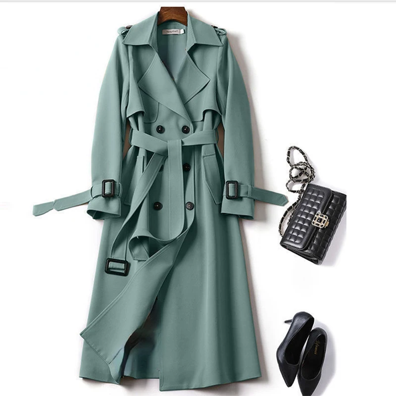 Женский однотонный Тренч средней длины двубортный элегантный в клетку с поясом