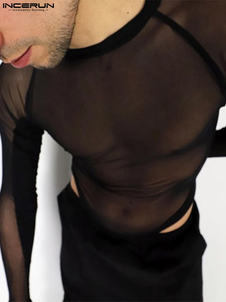 INCERUN 2023 Casual Homewear Men Comfortable Onesies Fashion Male See-though Thin Long Sleeves Suits Transparent Jumpsuits S-5XL