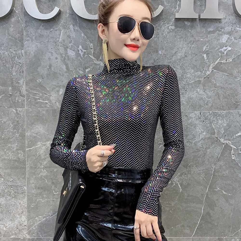 Яркая Золотая Футболка на весну и осень Корейская одежда пикантные блестящие