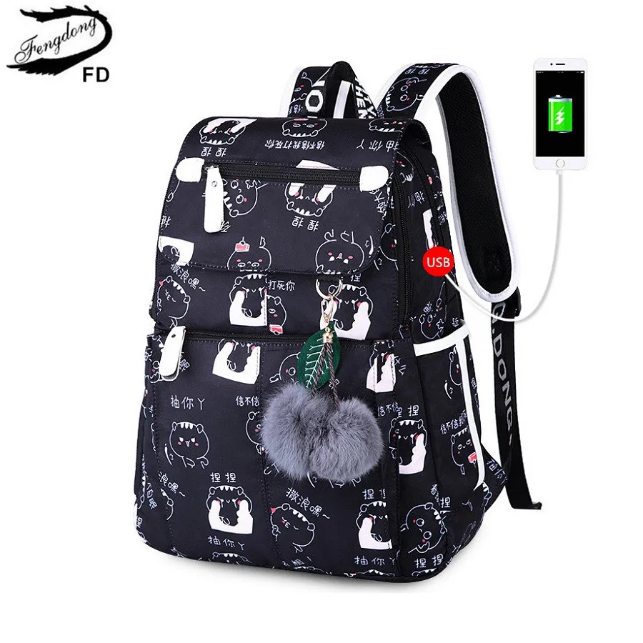 

Fengdong female fashion school backpack usb school bags for girls black backpack plush ball girl schoolbag butterfly decoration