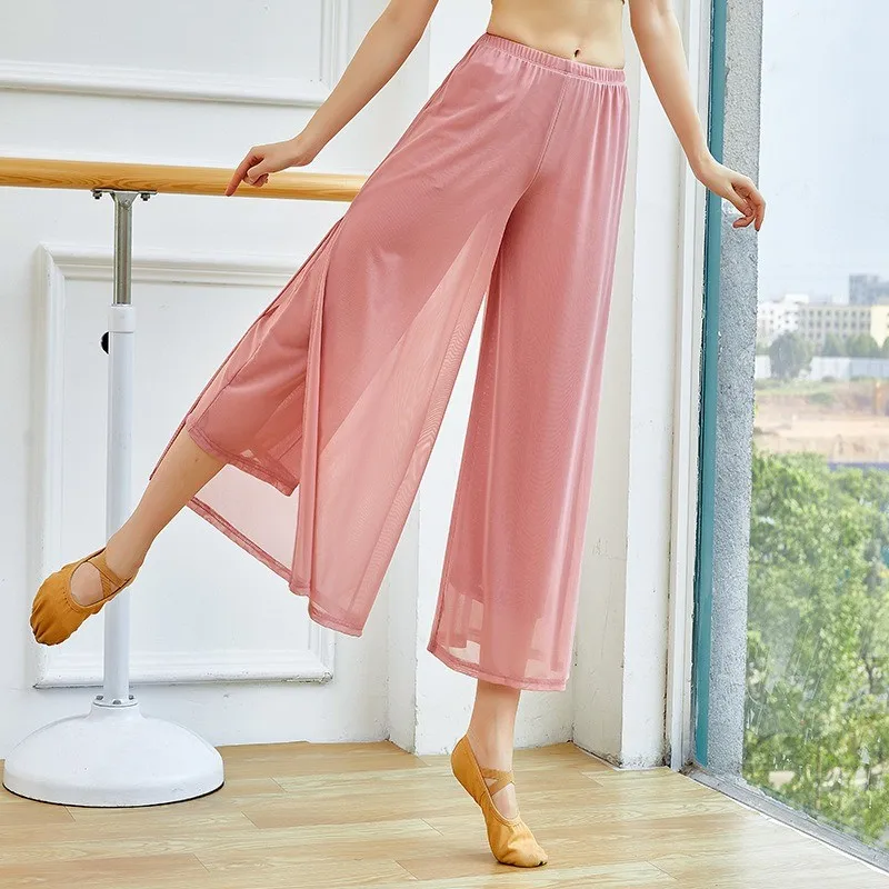 

Water Yarn Wide Leg Pants Women's Classical Dance Trousers Two Layer See Through Dance Practice Clothes Side Split One Size