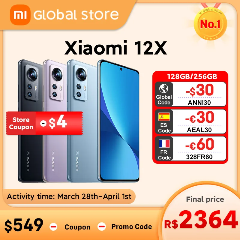  Глобальная версия смартфона Xiaomi 12X 8 Гб 128 ГБ/8 ГБ 256 ГБ, NFC, Snapdragon 870, 120 Гц, 6,28 дюйма, FHD +, DotDisplay, 50 МП 