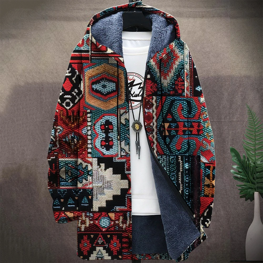 Men'S Native Retro Aztec Block Graphic Winter Coat Print Pattern Knitted Sweater Cardigan Zipper Hooded Thick Fleece For Youth
