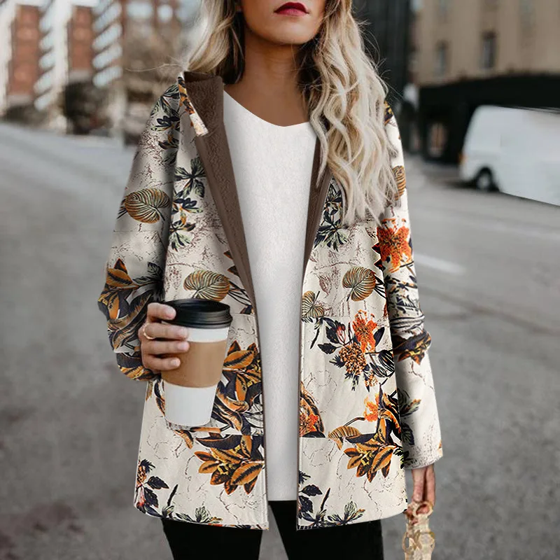 2022 Women's new cotton clothes linen cotton printed cotton jacket plush thickened cotton coat