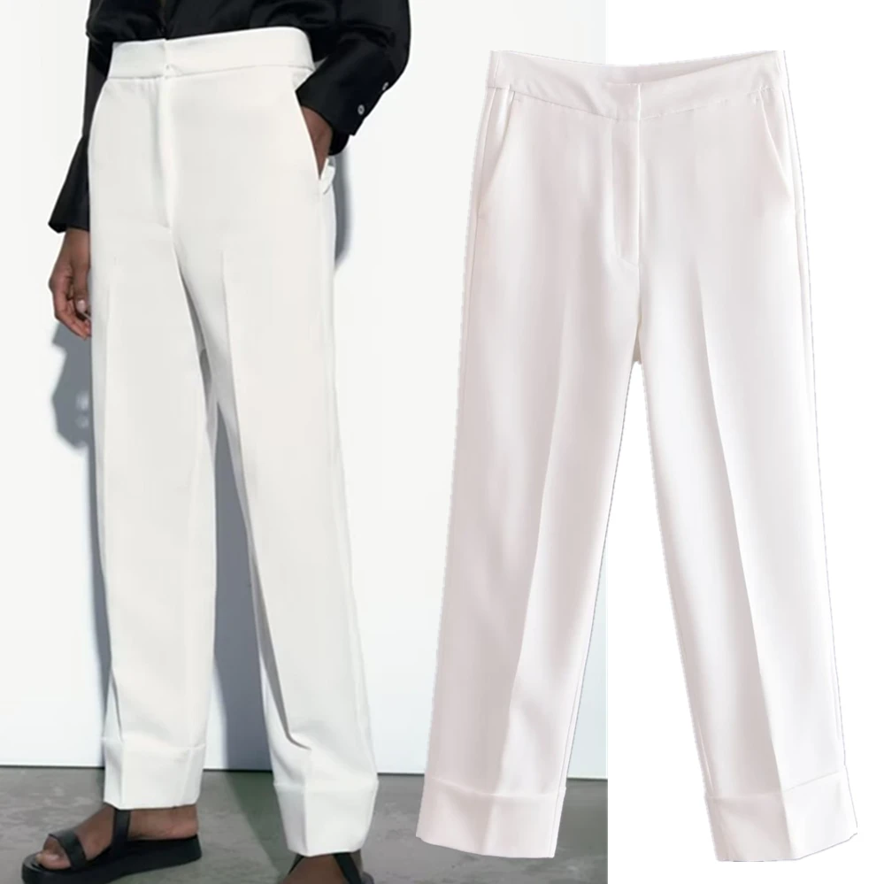 Elmsk  British Fashion Simple High Waist Suit Pants Office Ladies Straight White Commuter Casual Pants Women