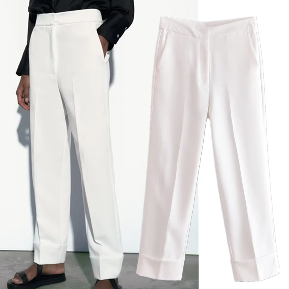 

Elmsk British Fashion Simple High Waist Suit Pants Office Ladies Straight White Commuter Casual Pants Women