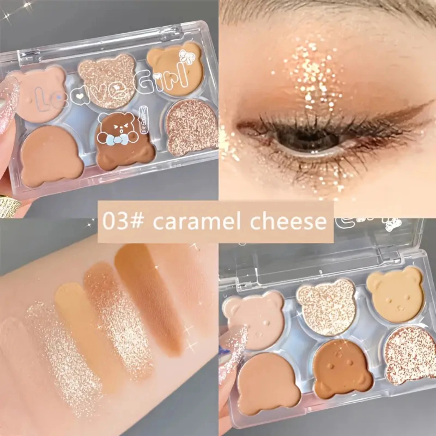 Bright 6-Color Long Lasting Shiny Glitter Eyeshadow Contouring Powder Tray - Bear Plate Eye Shadow Palette for Girls 6 in 1
