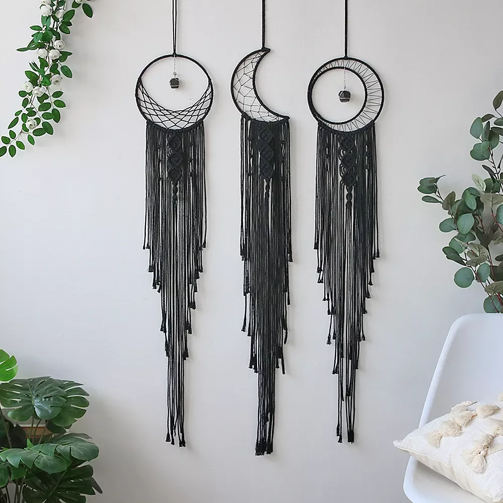 

NEW2022 Black Sun Moon Dream Catcher Nordic Macrame Dreamcatcher With Crystal Wall Room Home Decor Yard Garden Bedroom Decorati