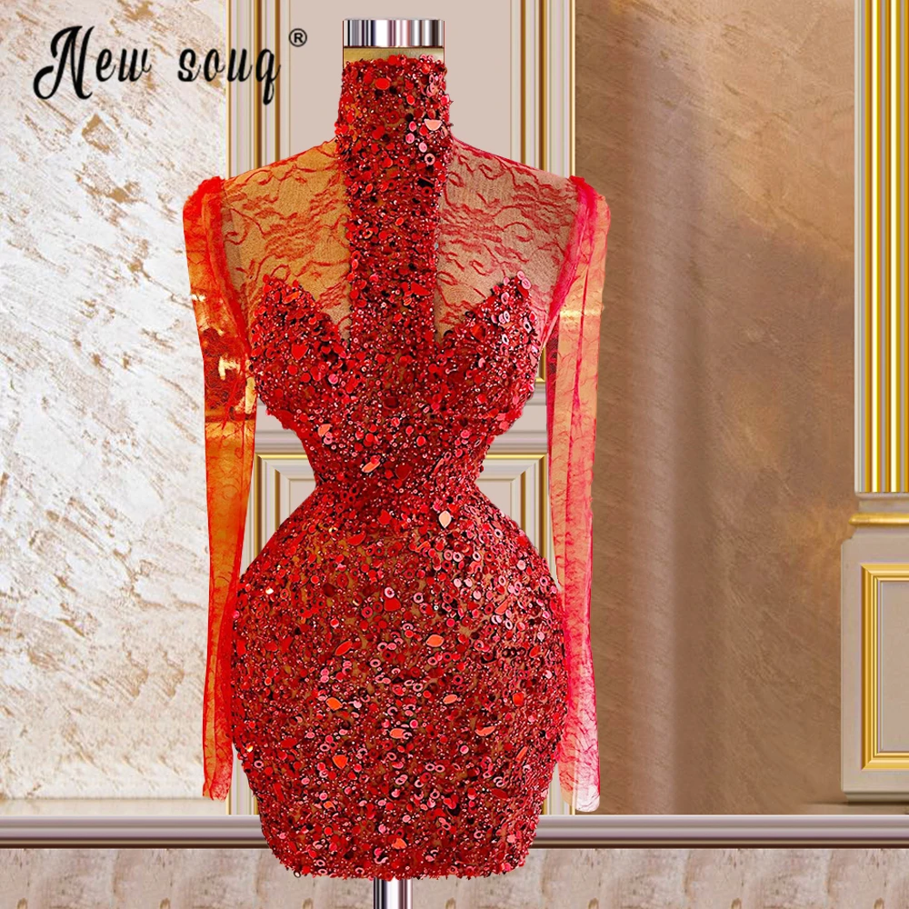 

Aso Ebi African Red High Neck Long Sleeve Graduation Mini Cocktail Dress Sequins Beaded Night Club Party Bodycon Dress Plus Size