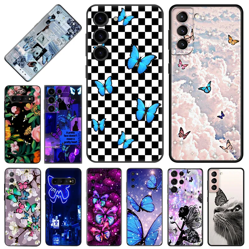 

Мягкие чехлы для телефонов Samsung Galaxy S23 Plus S22 Ultra S21 S20 FE S10 Note 20 10 Lite 9, матовый чехол с синими цветами и розовыми бабочками