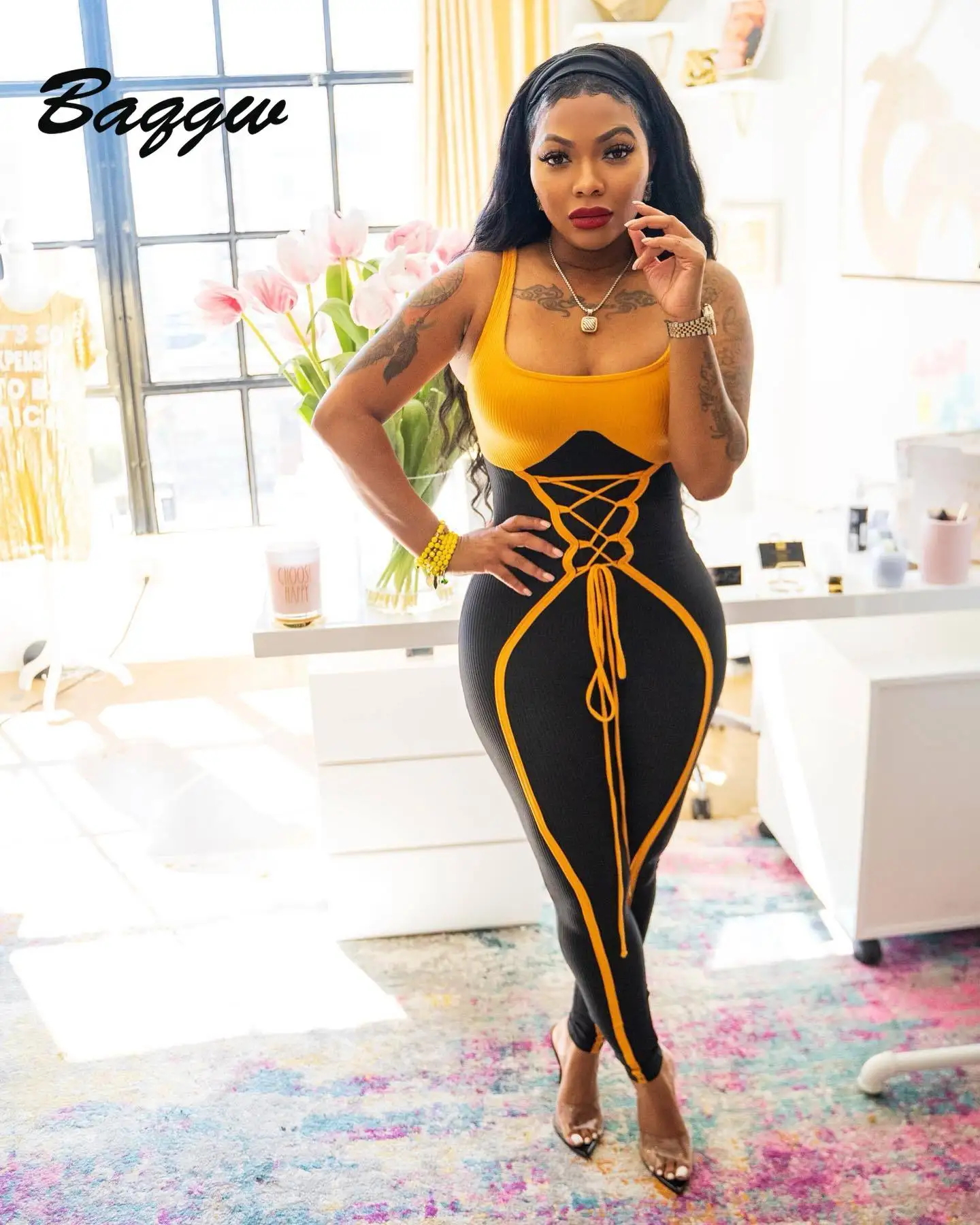 

Color Block Summer Sleeveless Knitted Sexy Jumpsuit Spaghetti Strap Rompers Bandages Lace Up Skinny Black Outfits