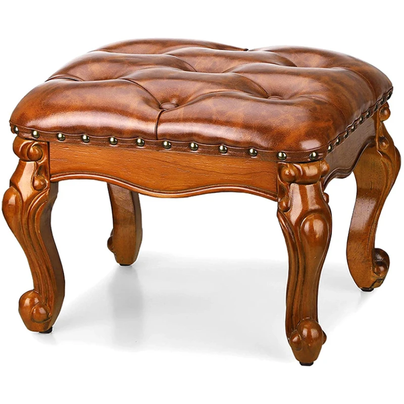 

Leather Footstool Small Foot Rest Stool Chair Ottoman Rubberwood Faux Leather Retro Furniture Vintage Stool for Living Room